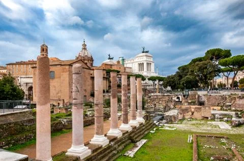 Roman forum under the dramatic sky in winter Stock Photos