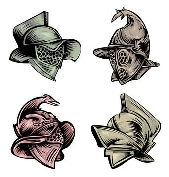Roman gladiator armour helmets set . hand drawn, vector illustration Stockillustratie