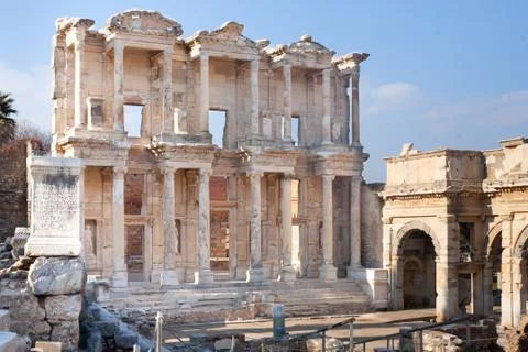 Roman Library facade with stone columns in ephesus Archaeological site in tur Stock Photos