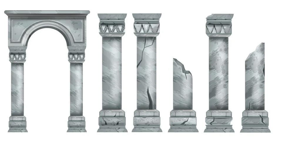 Roman marble pillars set, ancient vector Greek stone broken column collection Stock Illustration