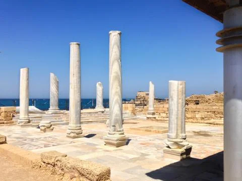 Roman old marbe column square in caesarea Archaeological site close to Herod Stock Photos