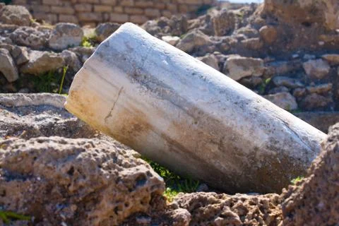 Roman old marbe fallen column row in caesarea Archaeological site close to He Stock Photos