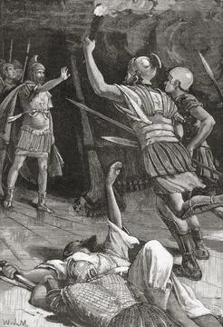 Roman soldiers under the command of the Emperor Titus firing the Temple of Jerus Stock Illustration