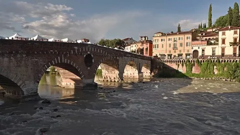 The Roman Stone Bridge called PONTE PIETRA (1st century A.C.) in Verona Italy Video stock 80077385