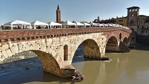 The Roman Stone Bridge called PONTE PIETRA (1st century A.C.) in Verona Italy Video stock 80077528