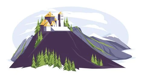 Roman style castle in mountains. Vector cflat landscape kingdom with rocks, tree Stock Illustration