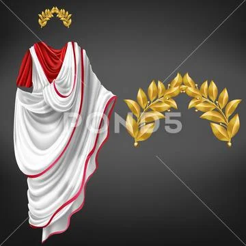 Roman toga, golden laurel wreath realistic vector ~ Clip Art #108655475