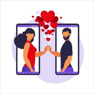 Romance app, virtual relationship , communication, social media concept. Two  Stock Illustration