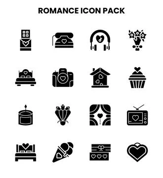 Romance Glyph Bundle Icons Pack Stock Illustration