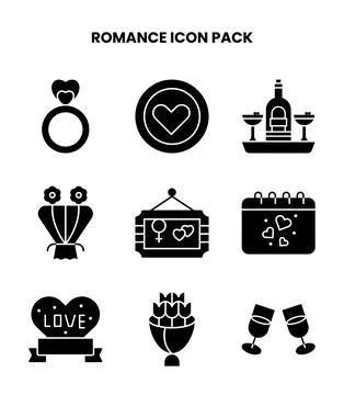 Romance Glyph Graphics Icons Pack Stock Illustration