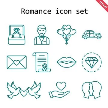 Romance icon set featuring wedding ring, groom, heart balloons, vintage car.. Stock Illustration
