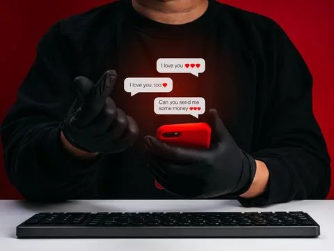 Romance scam concept with hacker or scammer using smartphone and fake love .. Stock Photos