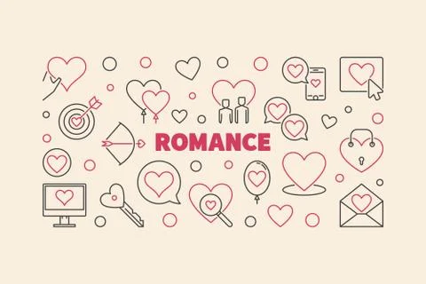 Romance vector line banner made with heart and love icons 스톡 일러스트