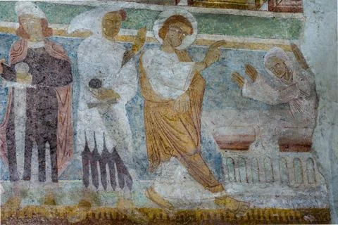 Romanesque fresco in Hojen church, Denmark Stock Photos