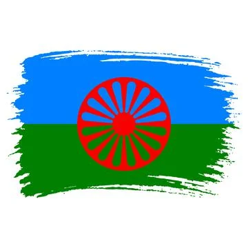 Romani flag brushstroke texture blue green field red wheel Stock Illustration