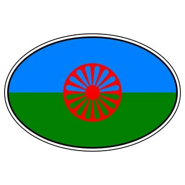 Romani flag oval emblem with blue green field red wheel Stock Illustration