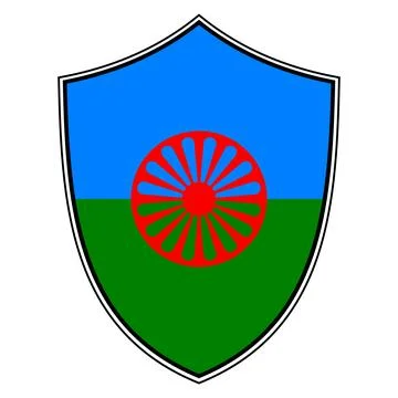 Romani flag shield emblem with red chakra wheel icon isolated Stock Illustration