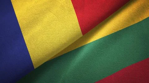 Romania and Lithuania two flags textile cloth, fabric texture Stock Illustration
