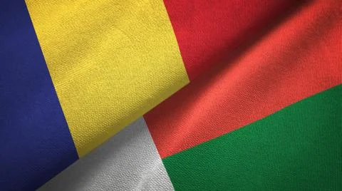 Romania and Madagascar two flags textile cloth, fabric texture Stock Illustration