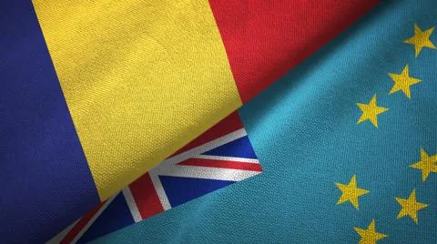 Romania and Tuvalu two flags textile cloth, fabric texture Stock Illustration