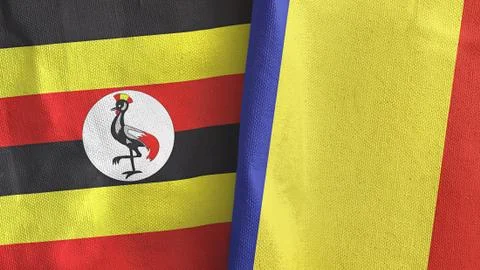 Romania and Uganda two flags textile cloth 3D rendering Stock Illustration