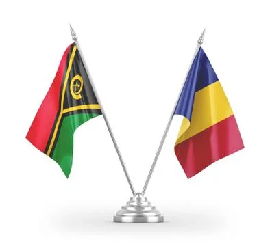 Romania and Vanuatu table flags isolated on white 3D rendering Stock Illustration