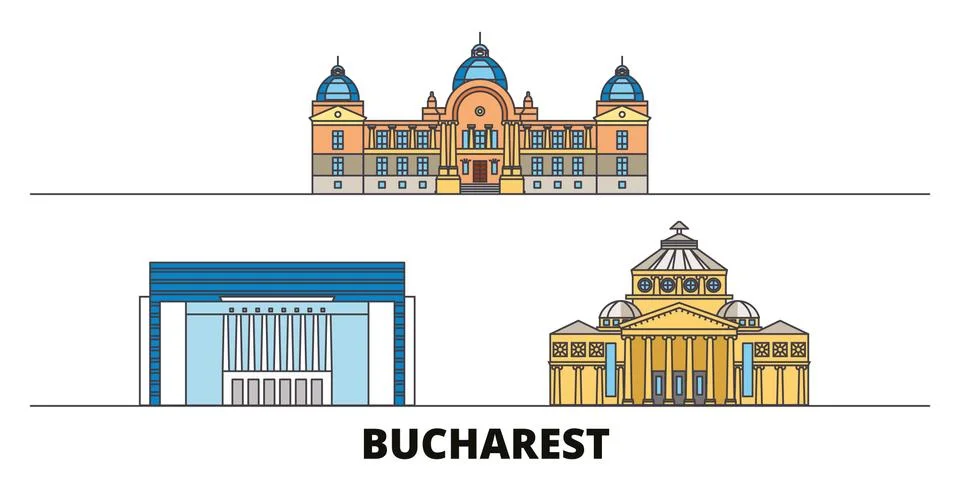Romania, Bucharest flat landmarks vector illustration. Romania, Bucharest line Stock Illustration