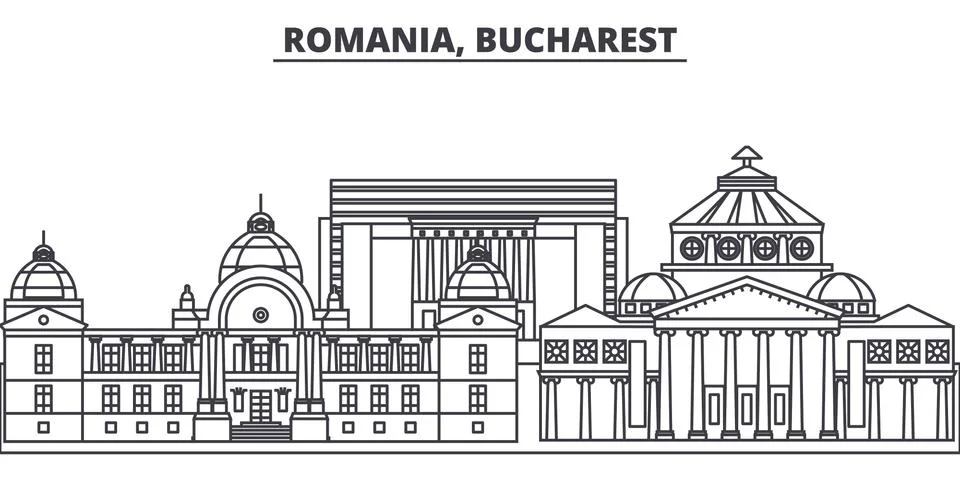Romania, Bucharest line skyline vector illustration. Romania, Bucharest linear Stock Illustration