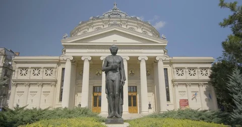 Romania Bucharest Romanian-Athenaeum-Parcul-Ateneului-motion1 422 25FPS Stock Footage