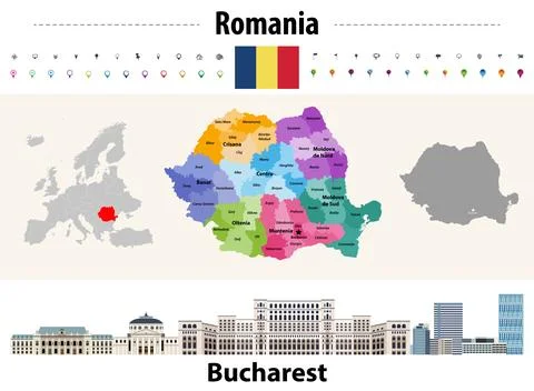 Romania countries colored by regions map. Bucharest cityscape Stock Illustration
