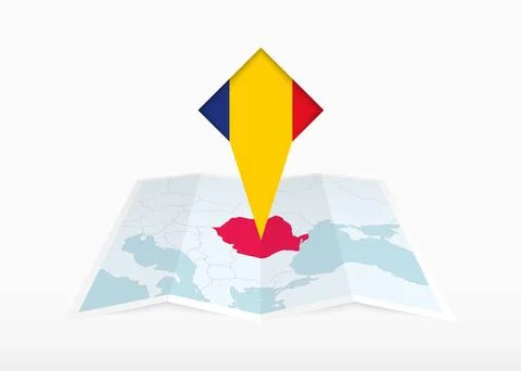 Romania is depicted on a folded paper map and pinned location marker with f.. Stock Illustration