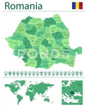 Romania detailed map and flag. Romania on world map.: Royalty Free ...