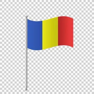 Romania flag on flagpole waving in wind on transparent background. Illustrazione stock