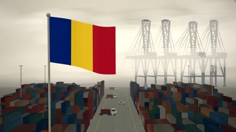 Romania Flag Flying Over A Container Port Terminal In Morning Haze 스톡 동영상 344472432