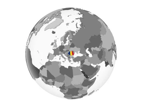 Romania with flag on globe isolated Stock Illustration