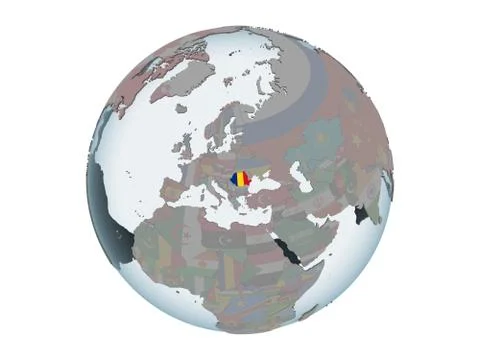 Romania with flag on globe isolated Stock Illustration