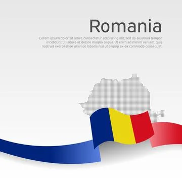 Romania flag, mosaic map on white background. Wavy. Vector banner design Illustrazione stock