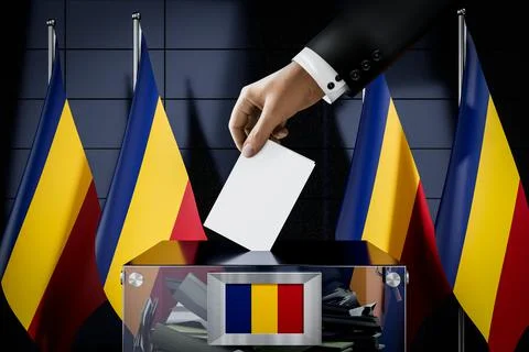Romania flags, hand dropping ballot card into a box Ilustración de archivo