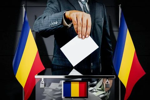 Romania flags, hand dropping voting card - election concept - 3D illustration Illustration