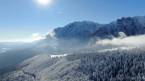 Romania freezing cold Carpathian mountains peaks with lots of snow aerial view Stock Footage 101794895