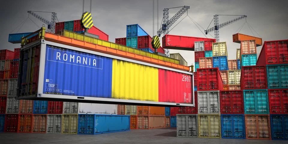 Romania - freight container in cargo terminal - 3D illustration Stock Illustration