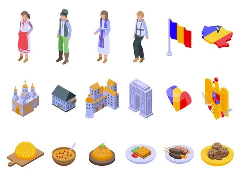 Romania icons set isometric vector. Bucharest food Stock Illustration