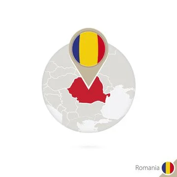 Romania map and flag in circle. Map of Romania, Romania flag pin. Map of Ro.. Stock Illustration