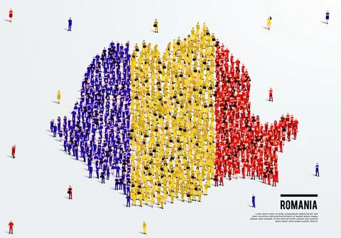 Romania Map and Flag. A large group of people in the Romania flag color. Stock Illustration