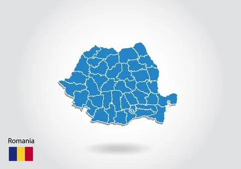Romania map design with 3D style. Blue Romania map and National flag. Simple  Stock Illustration
