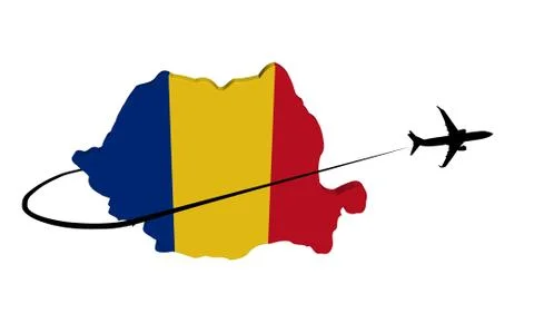 Romania map flag with plane silhouette and swoosh 3d illustration Illustrazione stock
