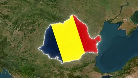 Romania Map Highlight with Animated Flag Pin on World Satellite Map Video stock 340937745