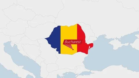 Romania map highlighted in Romania flag colors and pin of country capital B.. Stock-Illustration