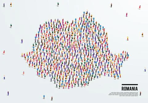 Romania Map. Large group of people form to create a shape of Romania Map. Stock Illustration