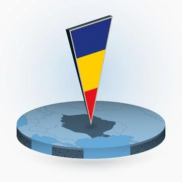 Romania map in round isometric style with triangular 3D flag of Romania Stock Illustration